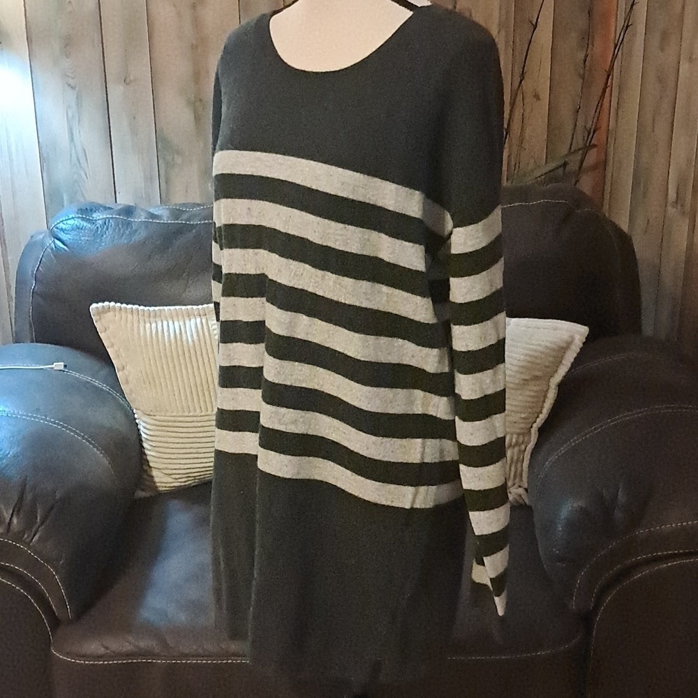 Orvis Women 100% Cashmere Crew Neck Sweater Tunic Size L Gray Striped Soft Comfy - Picture 3 of 10